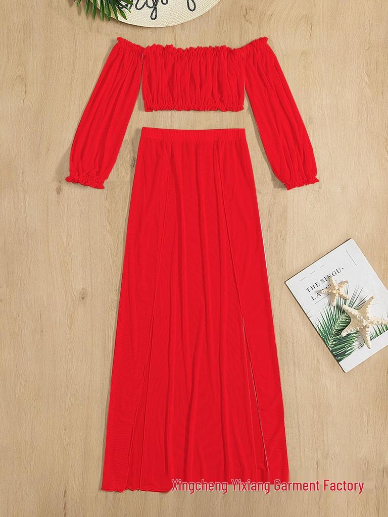 Women's European & American Off-Shoulder Swimsuit Cover-Up: Long Sleeve, High Slit Skirt, Two-Piece Set