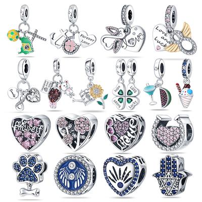 Charms Plata Of Ley Gümüş Kaplama Pembe Kalp AŞK Zirkon Boncuklar Ayçiçeği Yonca Charms Kolye Fit Diy Bilezikler DIY Takı