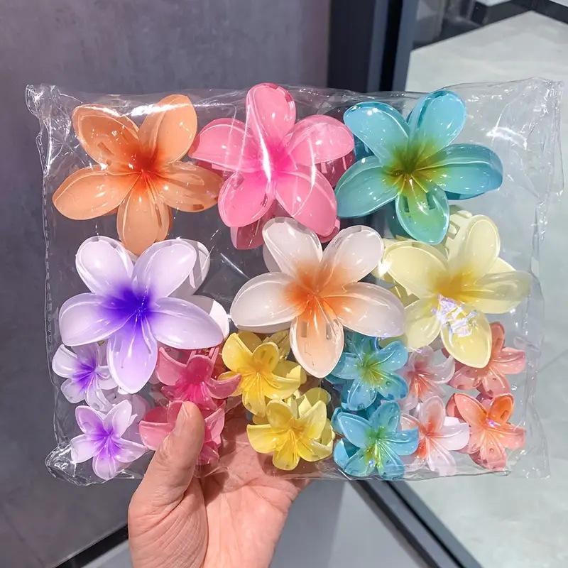 Gradient Plumeria Claw Clip Set: 18-Piece Floral Hair Accessories