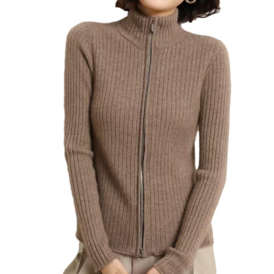 Women's Slim Fit Cashmere Zipper Cardigan – Autumn/Winter Korean Style Knit Sweater with Drawstring