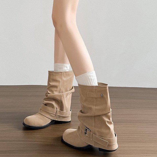 Retro Fashion Pleated Piled Boots Women's 2025 Autumn New Versatile Platform Trouser Boots Martin Boots Western Cowboy Boots