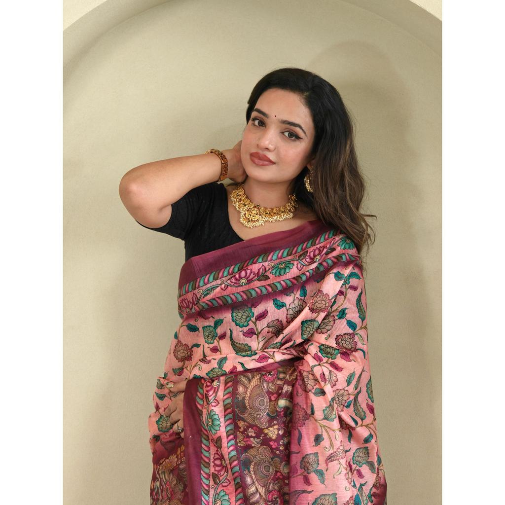 Pure Malai Cotton Saree with Big Border Digital Print Concept with Elegant Kalamkari Patterns with Contrast  Big Pallu with Tassels Attached