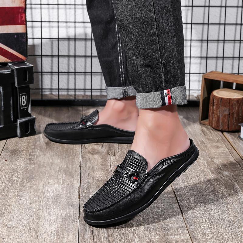 Fashion Genuine Leather Mens Slip on Shoes Fashion Men Half Loafers Slides Breathable Mules for Man Flats New Breathable Dress Shoes