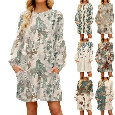 Fashion Womens Long Sleeve A Line Dress Fall Casual Pullover Crewneck Loose Fit Dress With Pockets