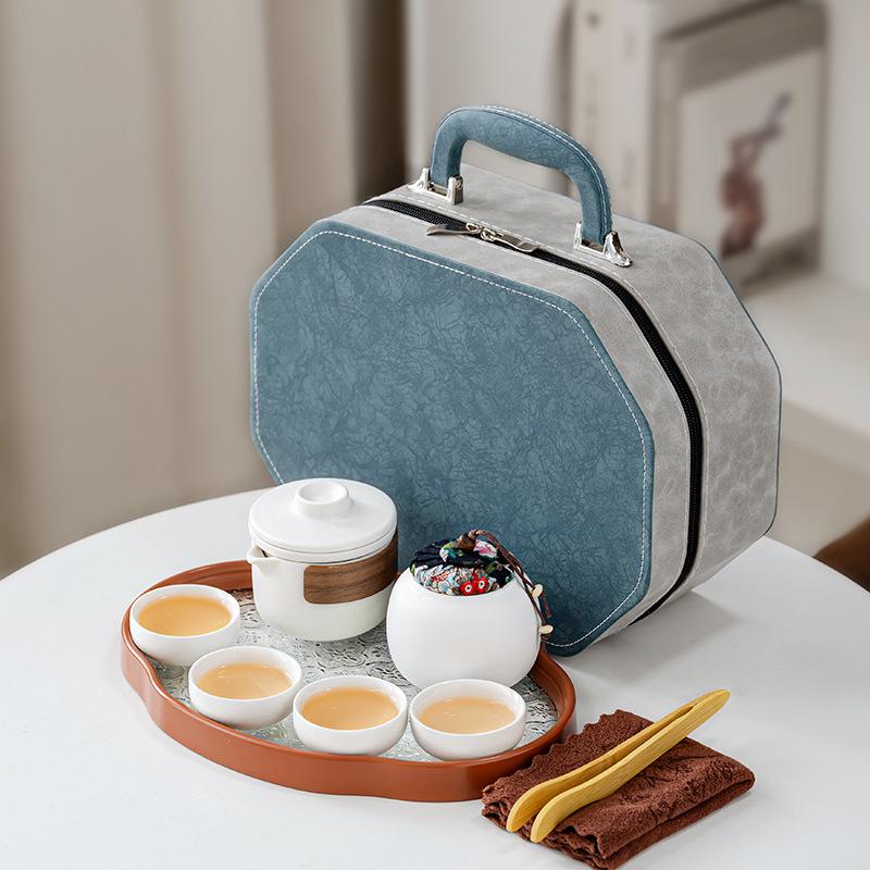 High-end simple Dehua ceramic Yanhe teapot portable four cups outdoor travel tea set tea gift leather bag
