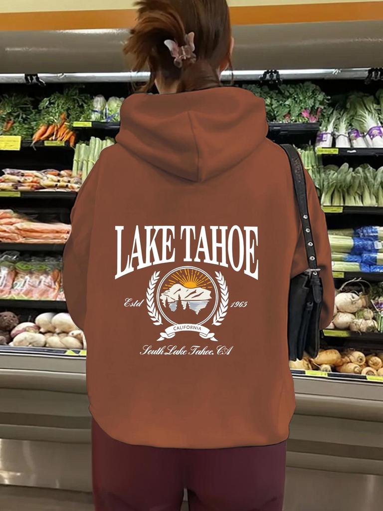 European and American Women's Hooded Long Sleeve Sweatshirt with Velvet and LAKE Print - Autumn and Winter Collection