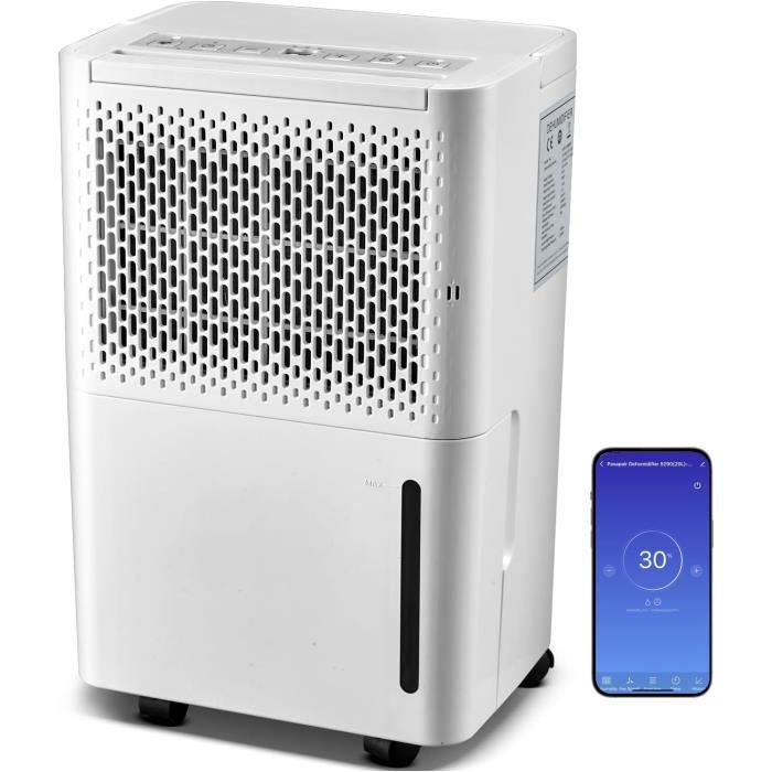 Pasapair Déshumidificateur Portable 12L Pour Des Pièces Jusqu'à 120m³20 M²,3 Modes,Affichage numérique,Capteur d'humidité,Arrêt