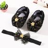 Wwo-piece Set Baby Girls Glitter Star Tulle Bow Crib Shoes & Matching Elastic Headband Set, Soft Dot Anti-Slip Sole Mary Jane Princess Shoes