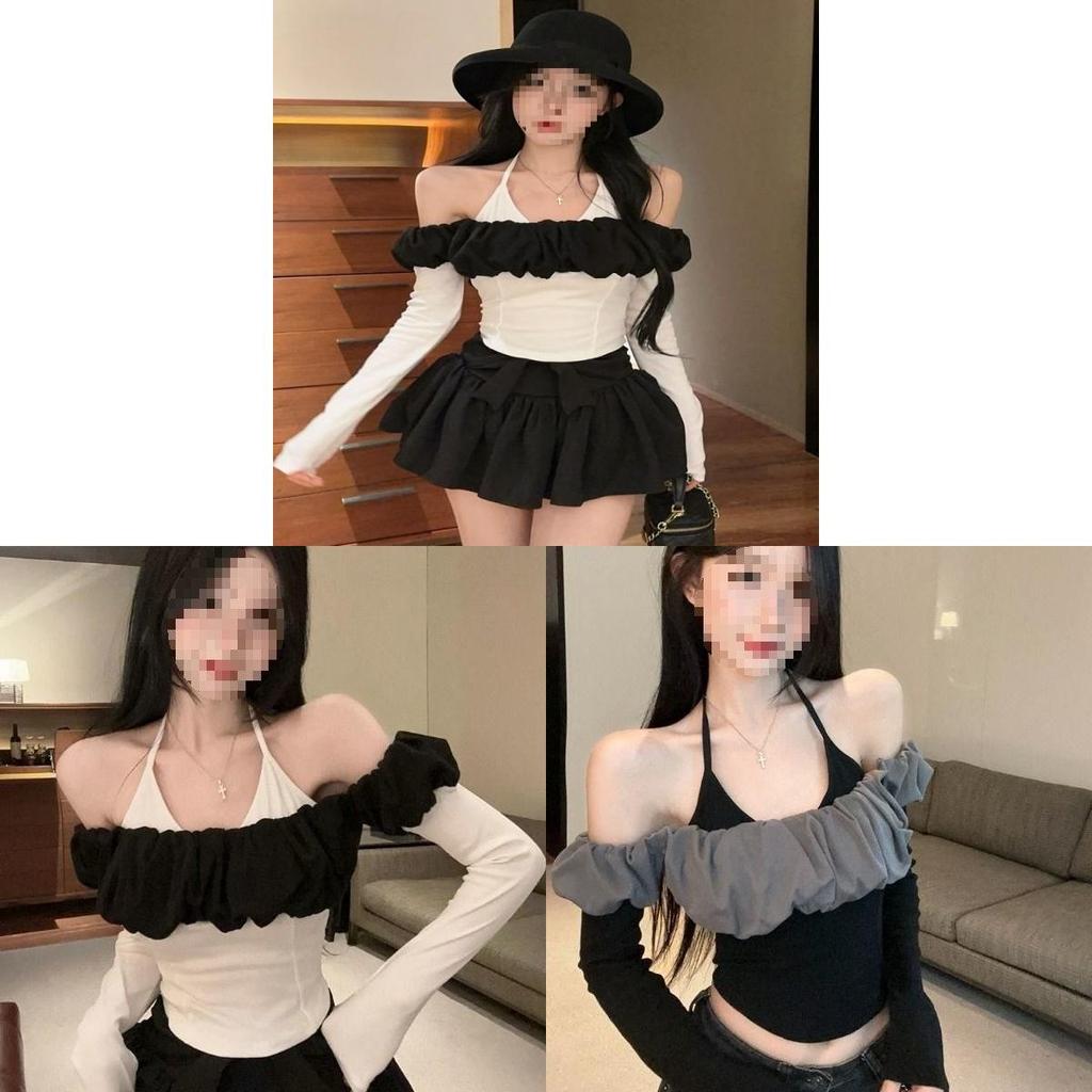 Private Style Oversize Oneshoulder Blouse With Color Block Ruffle For Autumn Wear