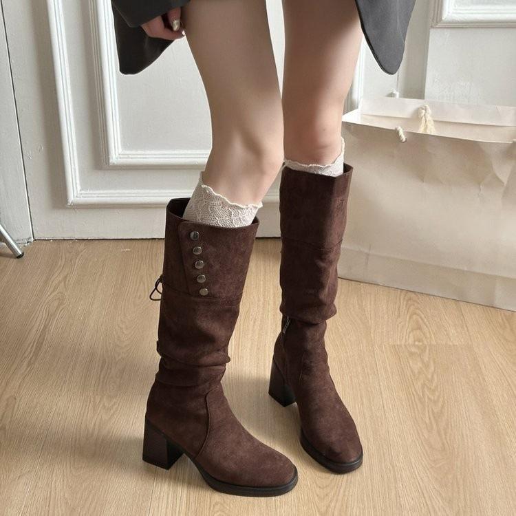 Vintage Suede Two Wear Boots Women s Season High Heel Pile Boots Tall Western Boots 35