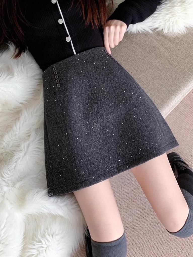 2025 Winter Korean Style Plus Size Sequin Woolen Slimming Skirt