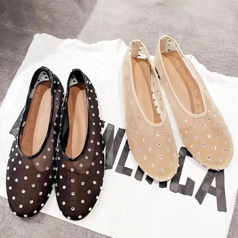Fashion Luxury Glitter Rhinestone Designer Mesh Flats Women Summer Fashion Light Breathable Mules Loafers Elegant Comfort Ballet Shoes