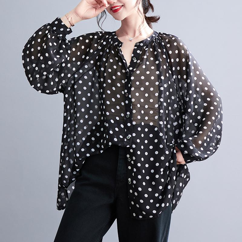 Bequemes Chiffon-Shirt mit Punkten für Damen im Frühsommer, Langarmshirt, modische Damenbekleidung