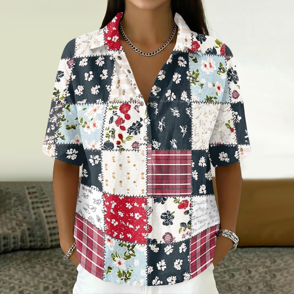 Women's Vintage Floral Print Button Down Shirt Short Sleeve Loose Fit Collared Top Made with Linen Blend Fabric Casual Summer Blouse