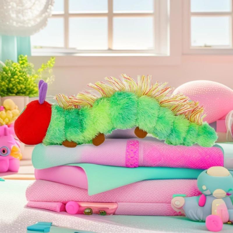 Hungry Caterpillar Plush Toy Pillow Children's Picture Book Neck Pillow Doll, Green Caterpillar Shape, Soft and Skin-Friendly