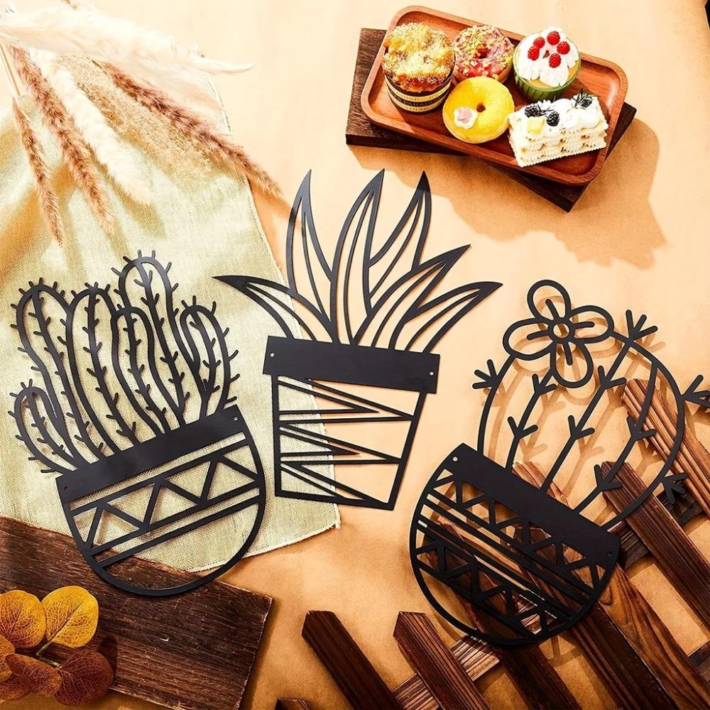 3-Piece Cactus Metal Wall Art Set - Natural Theme, Modern Black Metal Wall Decor