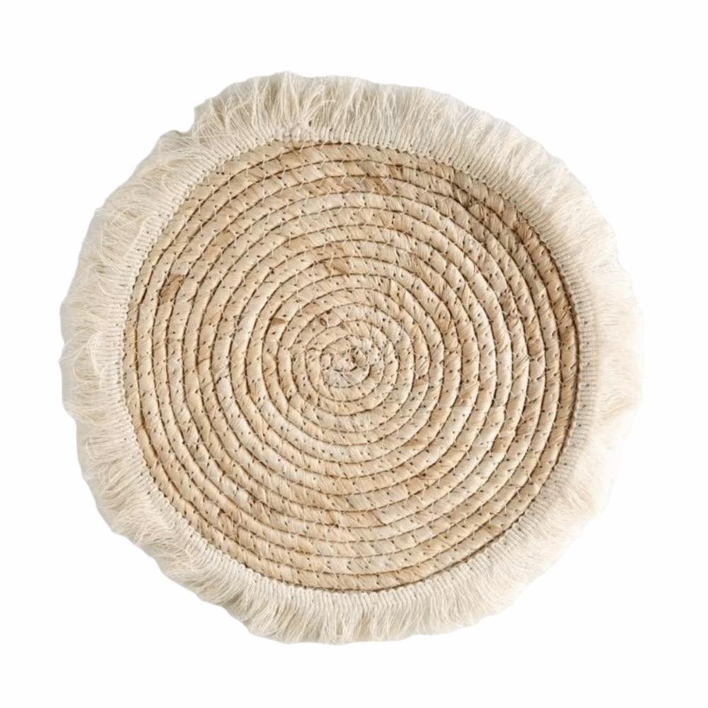 Boho Straw Woven Tray Wall Decor Round Basket Macrame Straw Wall Hangings Non Slip Heat Resistant Woven Coaster Placemat