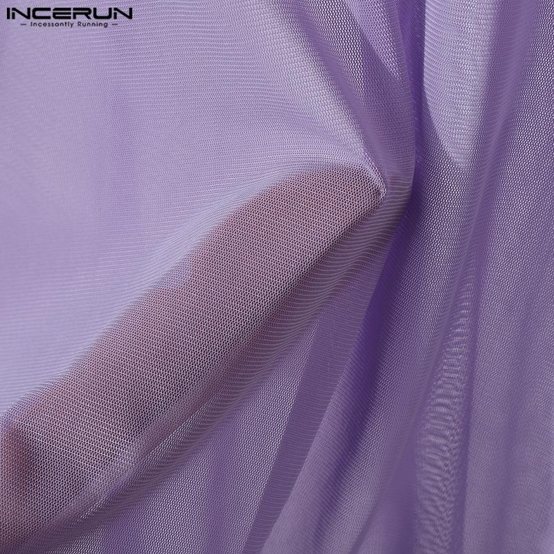 INCERUN Men Mockneck Long Sleeve Mesh Tops Party Button Down Fishnet Shirts