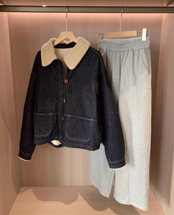 Women's Slimming Lapel Lambswool Padded Denim Jacket - Retro & Versatile