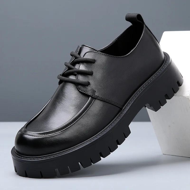 Spring  New Trendy Men's Shoes Breathable Casual Shoes Thick Sole British Business Men's Large Head Leather Genuine Leather