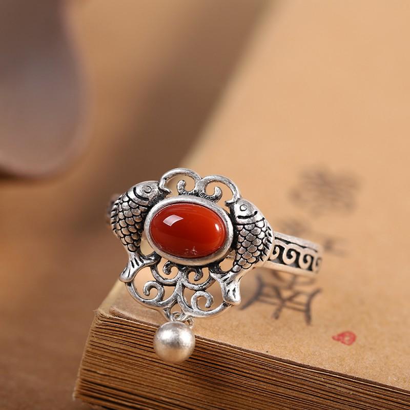Adjustable Vintage Oxidized Double Fish Kiss Ring Women Minimalist Elegant Open Band Statement Jewelry Adjustable Open Band