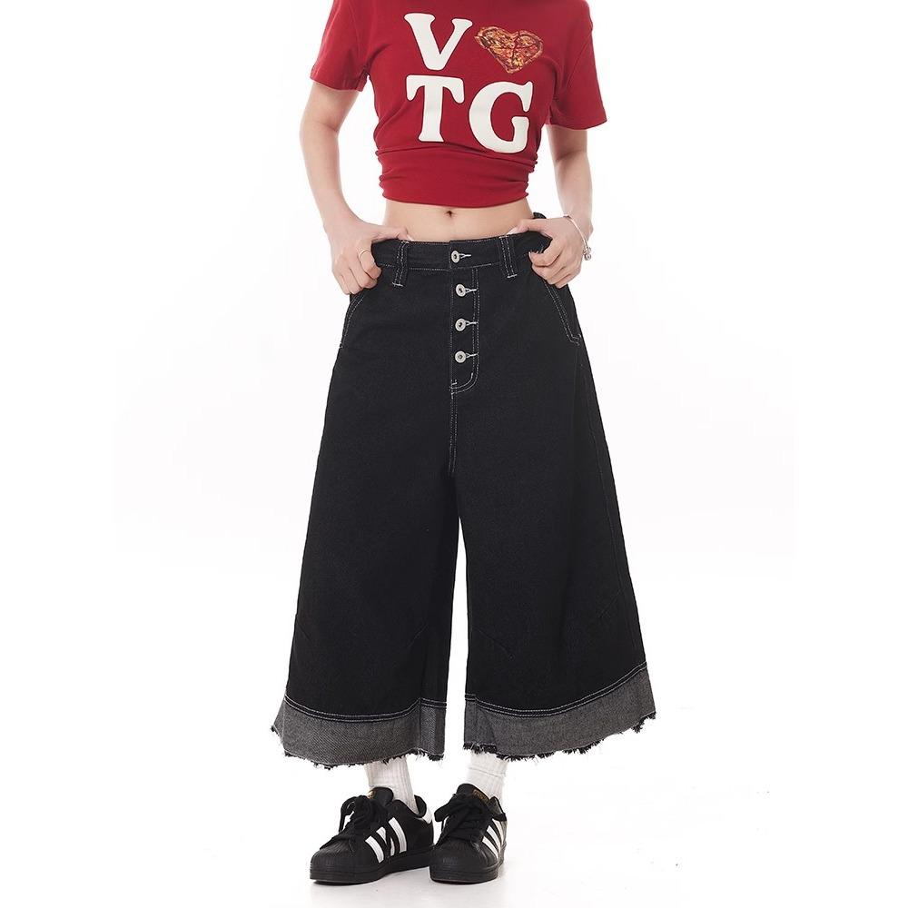 

Женские летние джинсовые шорты А-силуэта в стиле пэчворк: Ретро колор-блок, открытый шов, необработанный край, свободный укороченный дизайн с широкими штанинами 2XL: Height 155-165CM (66.5-72.5 kg)