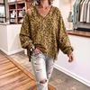 Women's Casual Leopard Print V-Neck Long Sleeve Loose Fit Sweatshirt with One-Shoulder Cutout