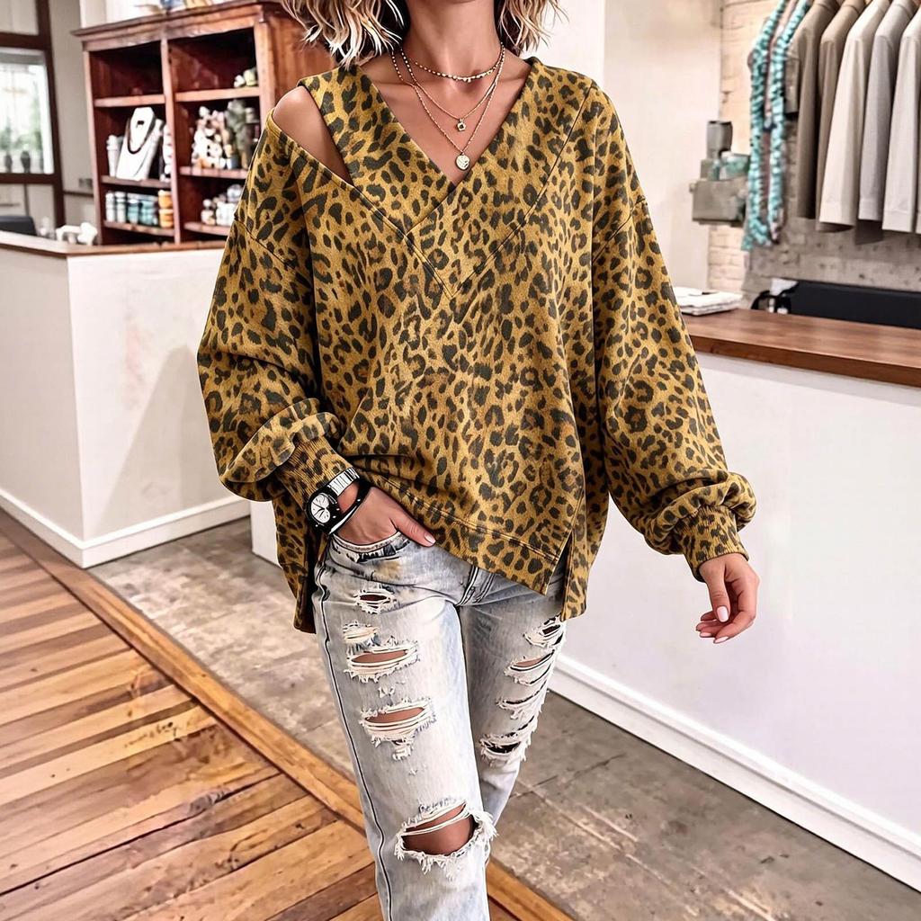 Women's Casual Leopard Print V-Neck Long Sleeve Loose Fit Sweatshirt with One-Shoulder Cutout