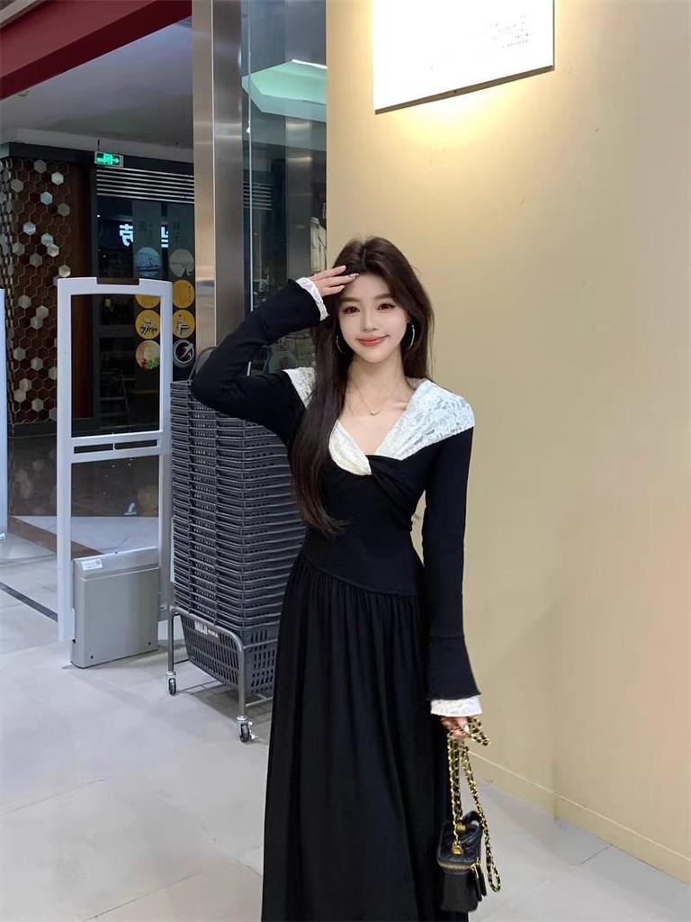 French Style Lace V-Neck Knot Dress: Contrasting Colors, Two-Wear A-Line Skirt for a Chic Autumn/Winter Look