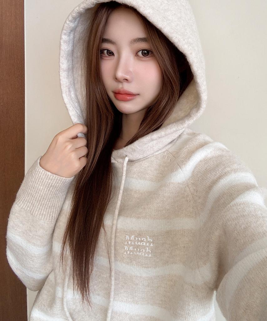 MUAHMUAH Striped Wool Brushed Hoodie Knit [Oatmeal]