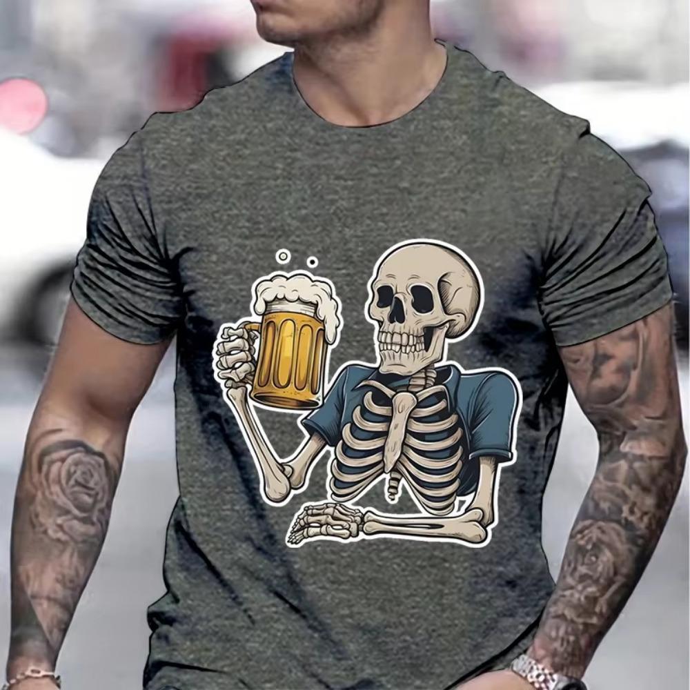 Cheering Skeleton Beer Print Men T-shirt Creative Skull and Beers Graphic Classic Tops Beer Lover Gifts Funny Summer T-shirt Men