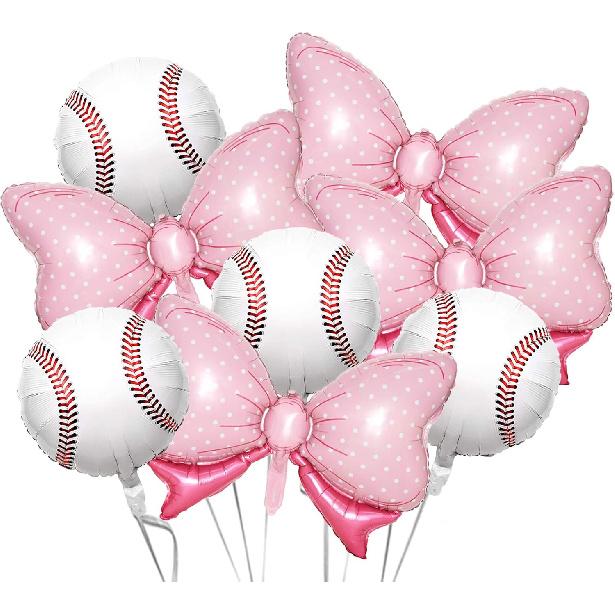 

8Pack Gender Reveal Party Balloons, 4Pcs Pink Bow Foil Balloons 4Pcs Foil Baseball Balloons for Baseball or Bows Gender Reveal Party Decorations