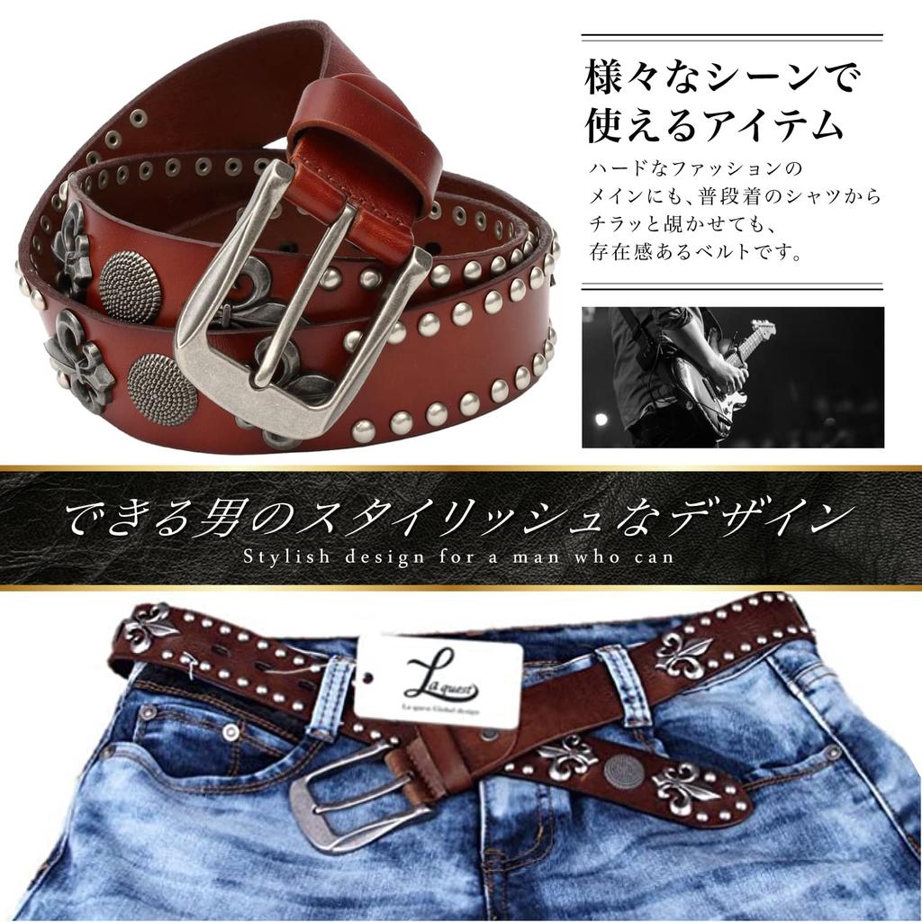 Laquest Leather Studded Belt with Antique Concho and Lily Crest Relief Men's (Black)
