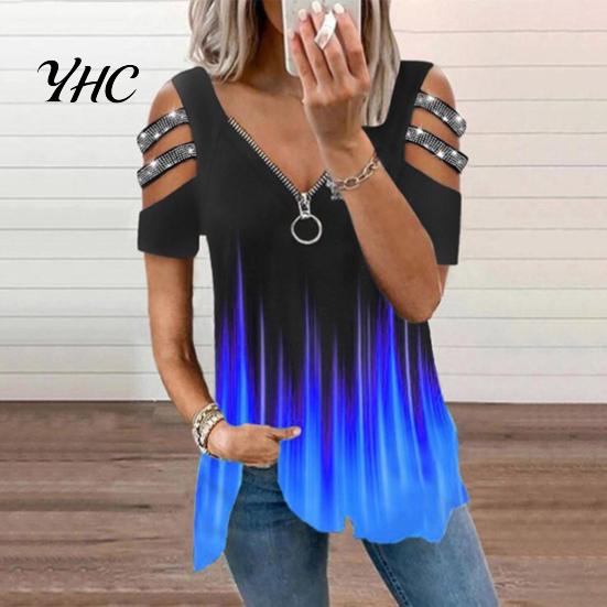 Top da Donna in Seta di Latte T-shirt Estiva Scollatura a V Maniche Corte con Traforo e Decorazioni di Strass Orlo Ampio Colore a Contrasto Degradé Taglia Grande