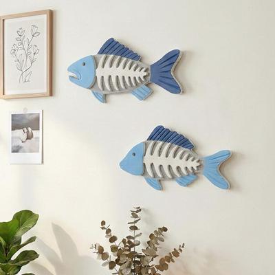 Wooden Fish Bone Wall Decor Beach Wood Fish Wall Sculpture Vintage Mediterranean Style Fish Hanging Wall Art for Home Lake House Bedroom Decor