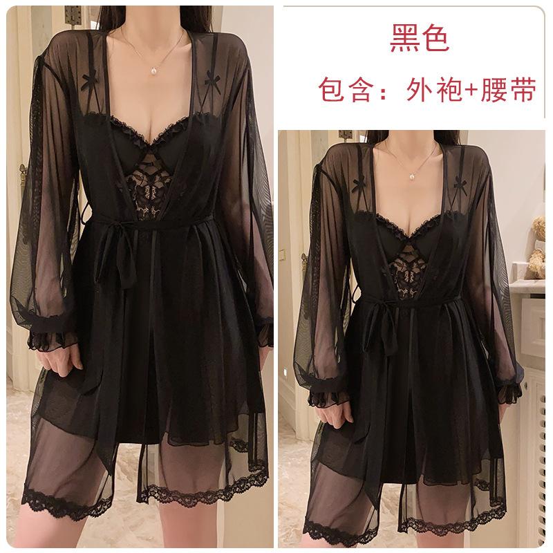 

Smooth satin underwear passion hot backless deep V plus chest pad nightdress mesh robe women s suit one size fits all