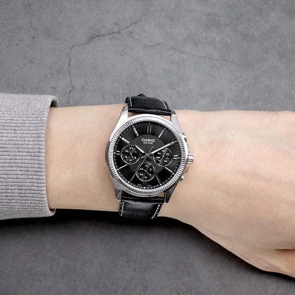 Casio Round Fluted Bezel Silver Black Men's Fashion Leather Wristwatch