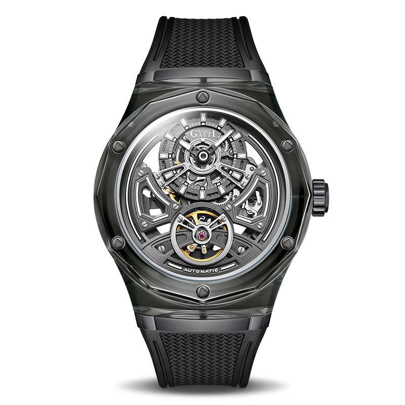 BONEST GATTI Men's Watch New Model Transparent Crystal Case Automatic Mechanical Wristwatch High-End Luxury Rubber Strap sport