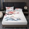 Chinese Style Fitted Sheet Set Ink Painting Plum Mountains Print Mattress Covers Soft Breathable Bedding Set With Deep Pocket