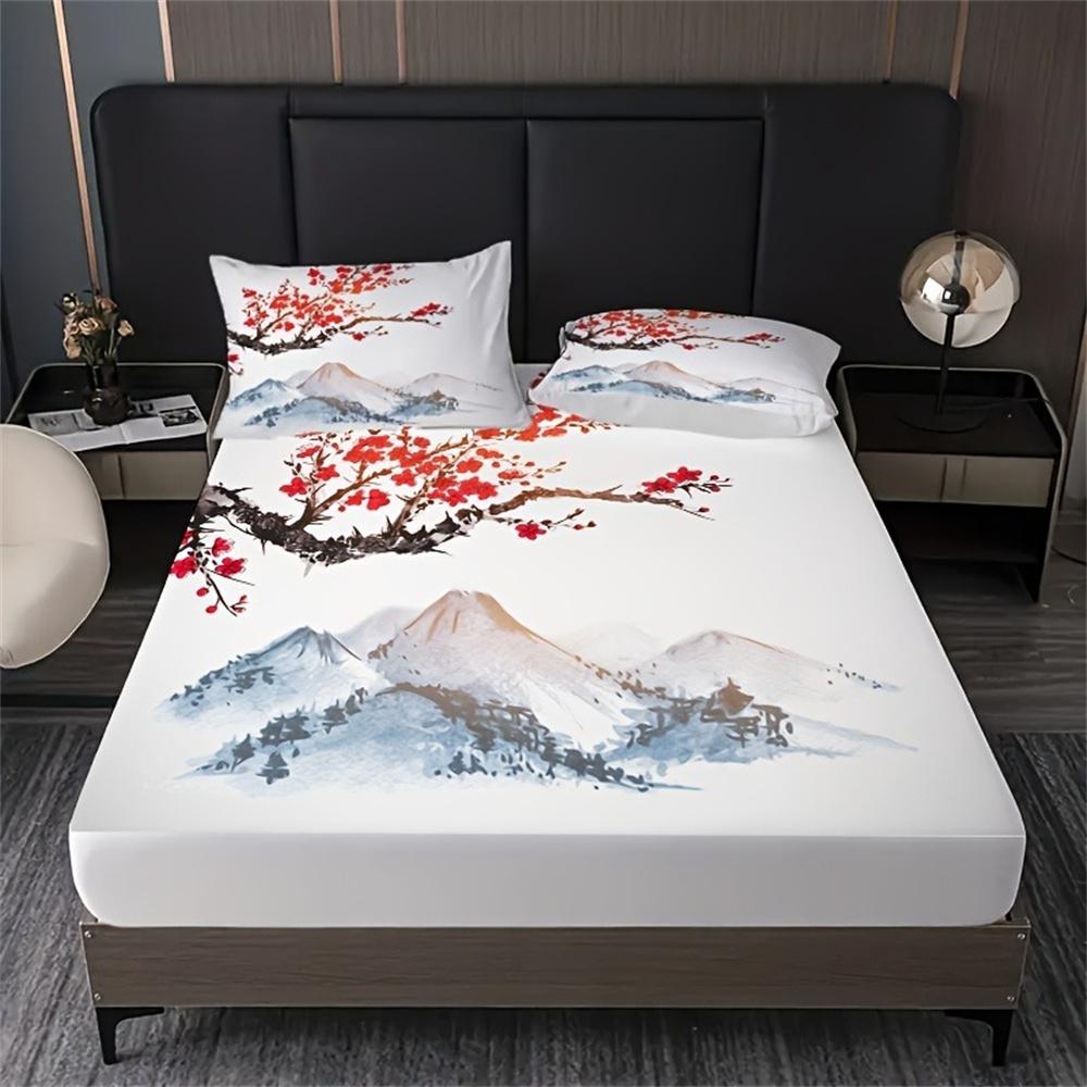 Chinese Style Fitted Sheet Set Ink Painting Plum Mountains Print Mattress Covers Soft Breathable Bedding Set With Deep Pocket