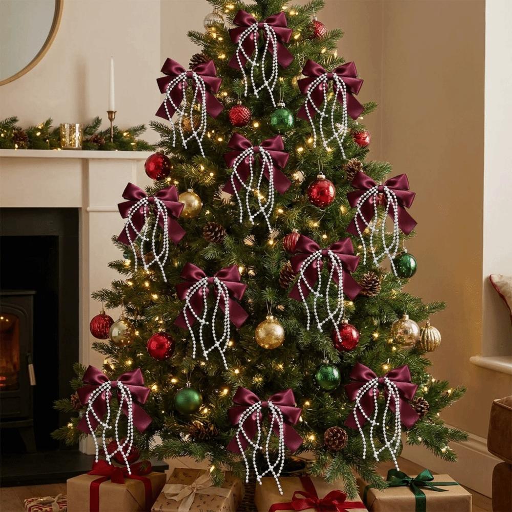12Pcs/Set Creative Bowknot Pearl Hanging Pendant Ribbon Christmas Tree Topper Holiday Accessories