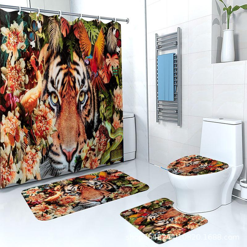 Direct Supply Digital Printing Tiger Lion Flower Animal Bathroom Curtain Non-Slip Floor Mat Bathroom Four-Piece Set