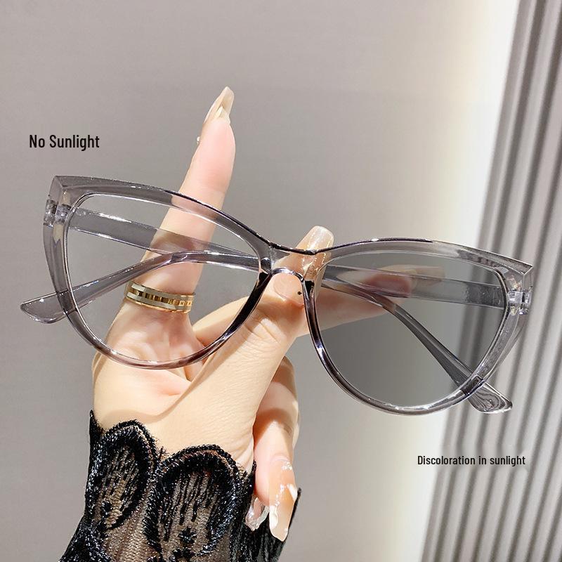 Color-Changing Cat-Eye Glasses: Light-Sensitive, Anti-Blue Light, Suitable for Square & Round Faces, Large Frame Myopia Glasses