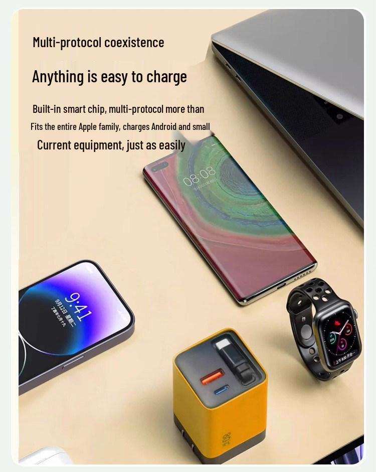 Galliumnitrid Schnellladegerät mit 8 cm einziehbarem Kabel für Apple-, Huawei- und Android-Geräte