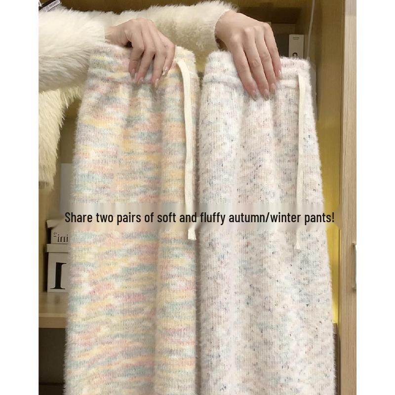 Women's Fleece-Lined Rainbow Sticky Rice Wide-Leg Pants: Warm High-Waist Casual Knitted Trousers for Autumn Winter