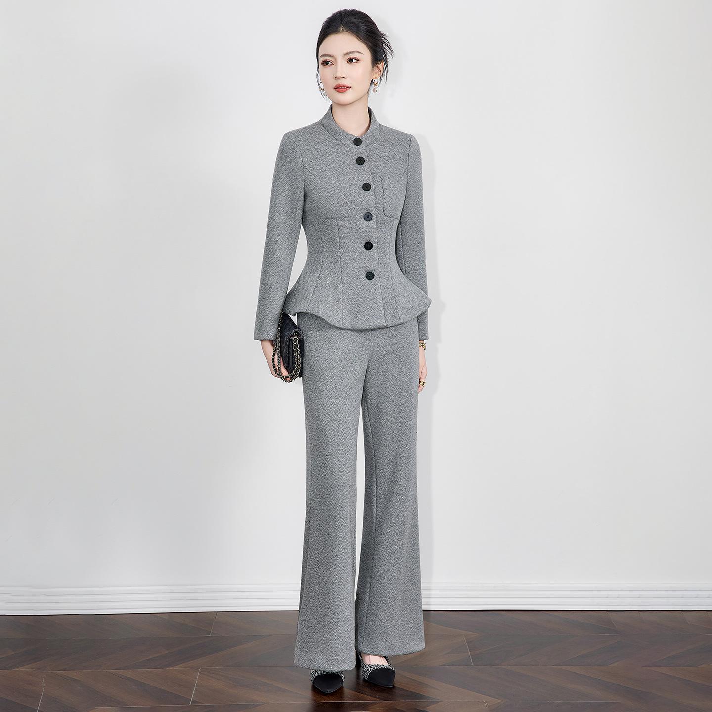 

Women s Woolen Blazer with Waist-Cinched Design & Flared Pants Set XXL серый