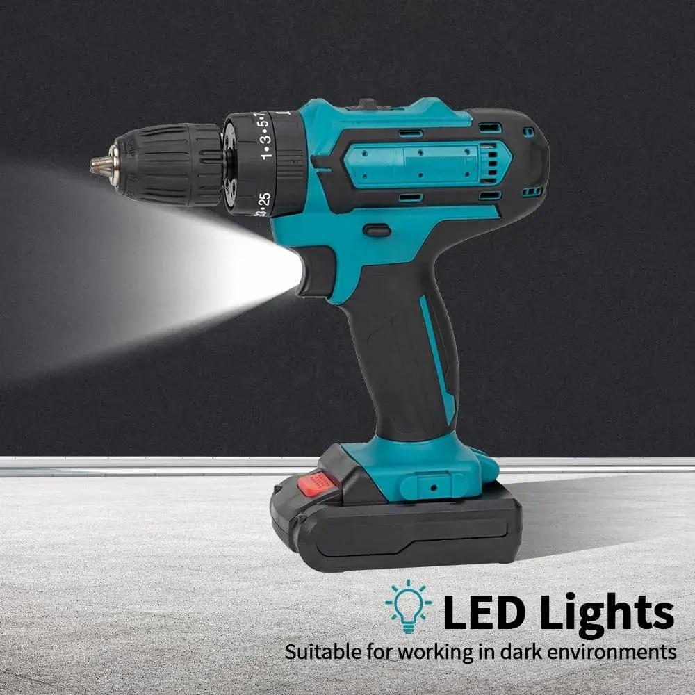Domácí multifunkční 21V akumulátorová vrtačka 3 pracovní režimy 2stupňová regulace otáček plynulá regulace otáček mini elektrická vrtačka/šroubovák s LED světlem