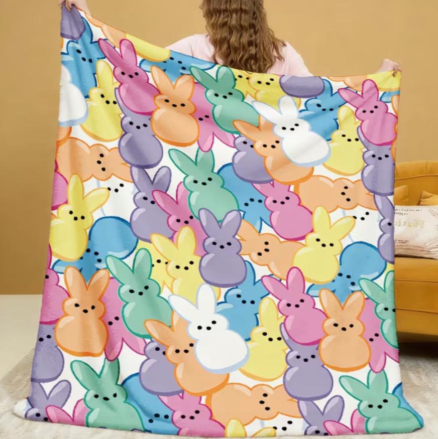 Easter Rabbit Marshmallow Blanket Bohemian Style Pastel Bunny Design Soft Warm Lightweight Throw for Bedroom Camping Yoga Travel