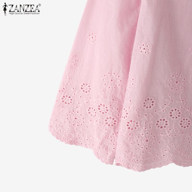 ZANZEA Women Casual Turn Down Collar 3/4 Sleeve Loose Crochet Blouse