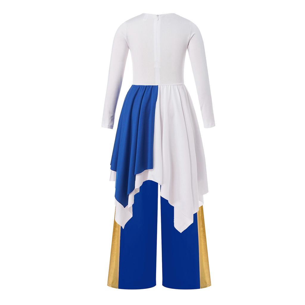 Girls Praise Dance Costume Long Sleeve Metallic Asymmetrical Dress Contrast Color Patchwork Wide Leg Pants